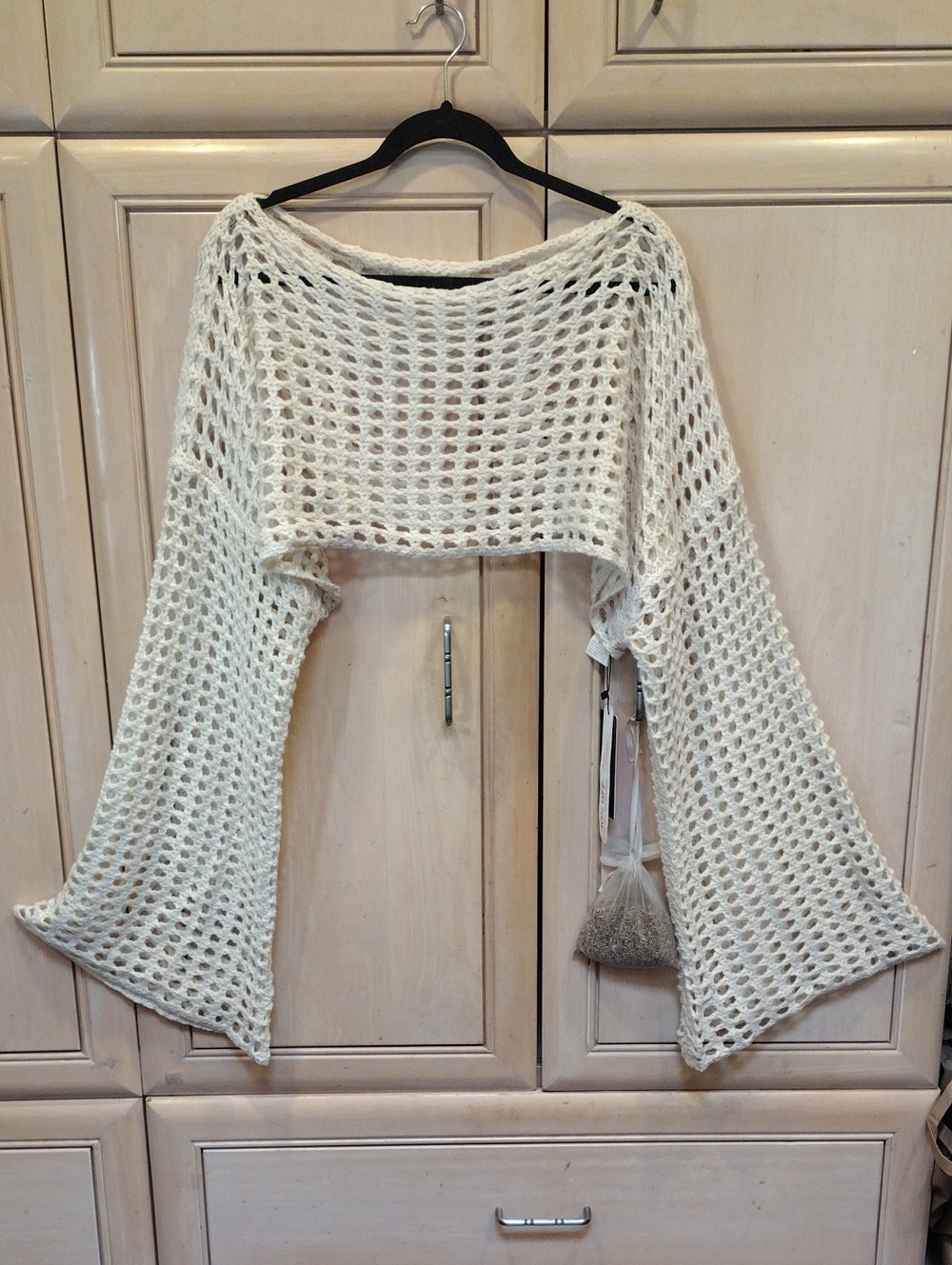 ROMWE Cream Open-Weave Off-Shoulder Cropped Sweater